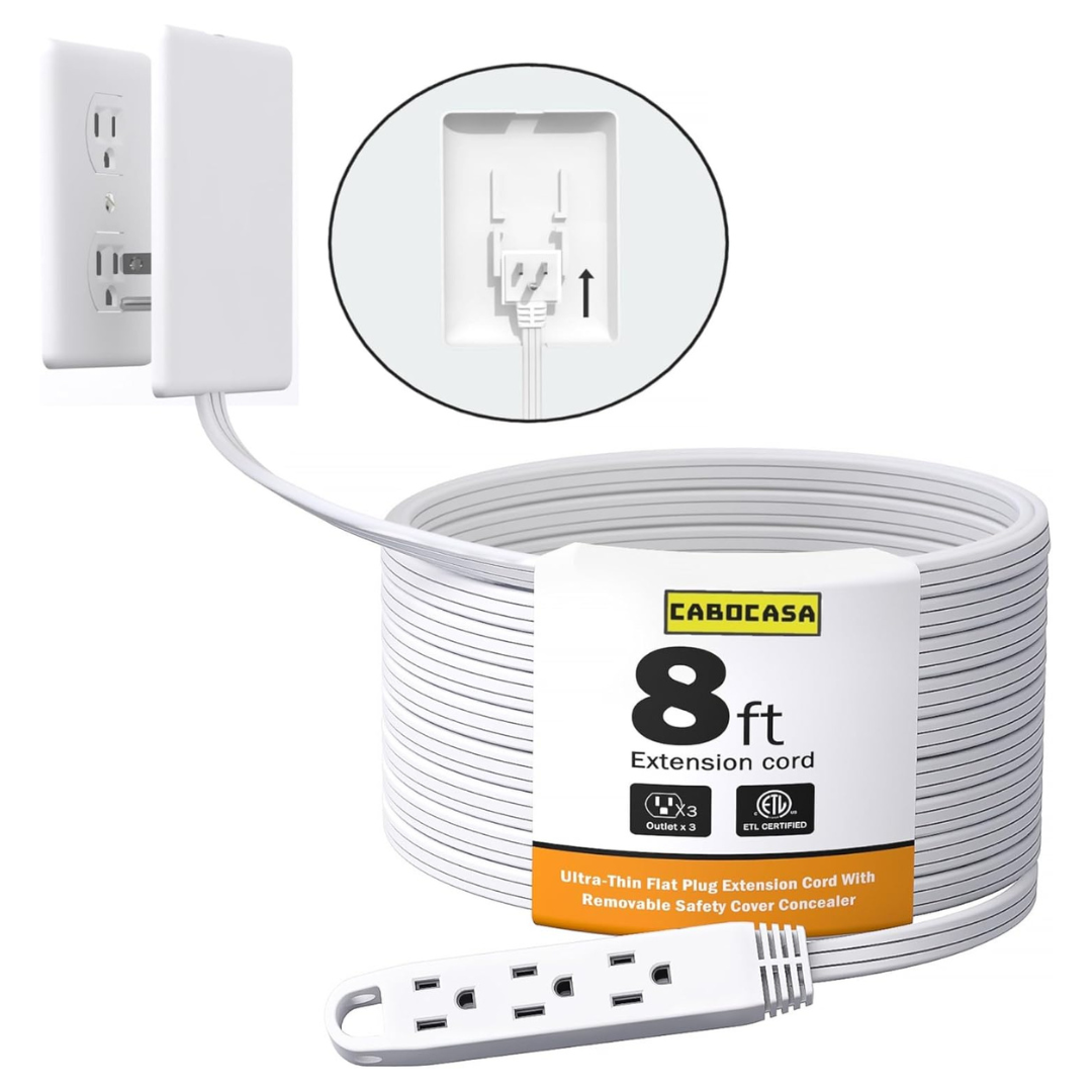 CABOCASA 8Ft Ultra Flat Plug Extension Cord Power Strip With 3 Outlets