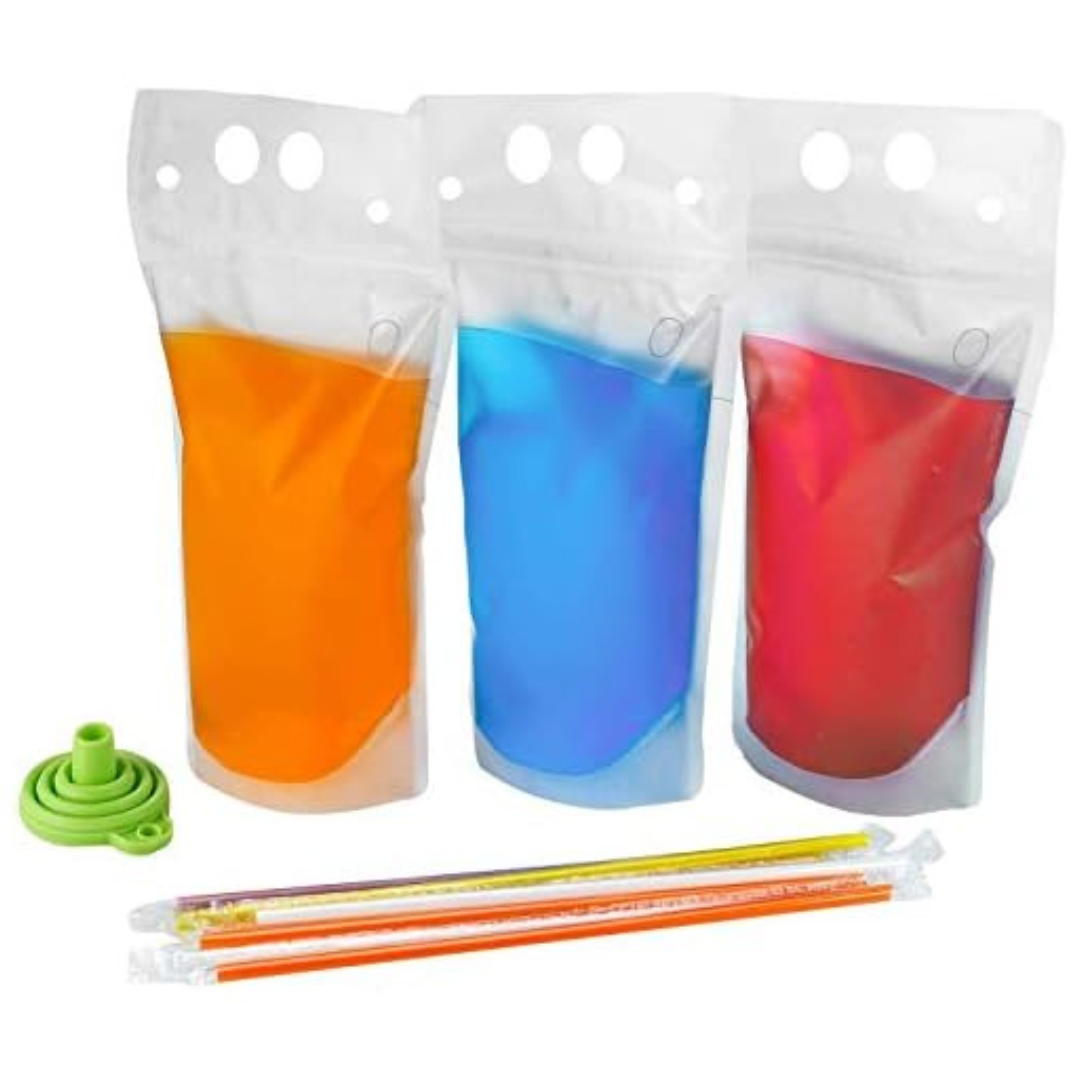 200-Piece Translucent Stand Up Drink Pouches With Straws, 17-Oz