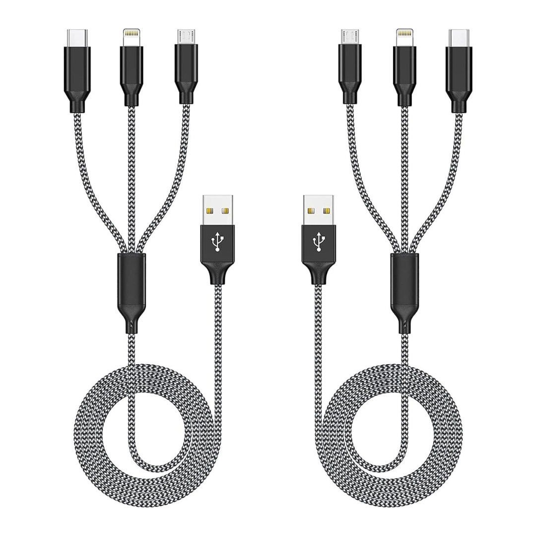 2-Pack 3-In-1 Nylon Braided Lightning Multi USB Cable