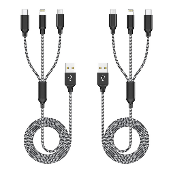 2-Pack 3-In-1 Nylon Braided Lightning Multi USB Cable