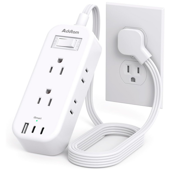 6 Outlets & 3 USB Travel Power Strip Flat Plug With 5ft Extension Cord