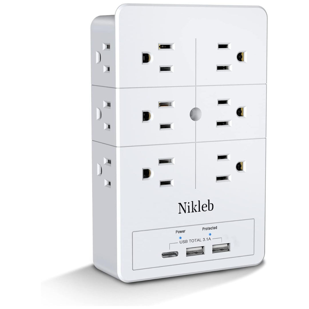 Nikleb Multi Plug Outlet Extender Surge Protector with USB Ports & C Adapter