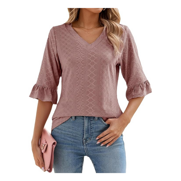 Women's Dressy Casual 3/4 Ruffle Sleeve V-Neck Tunic Shirts