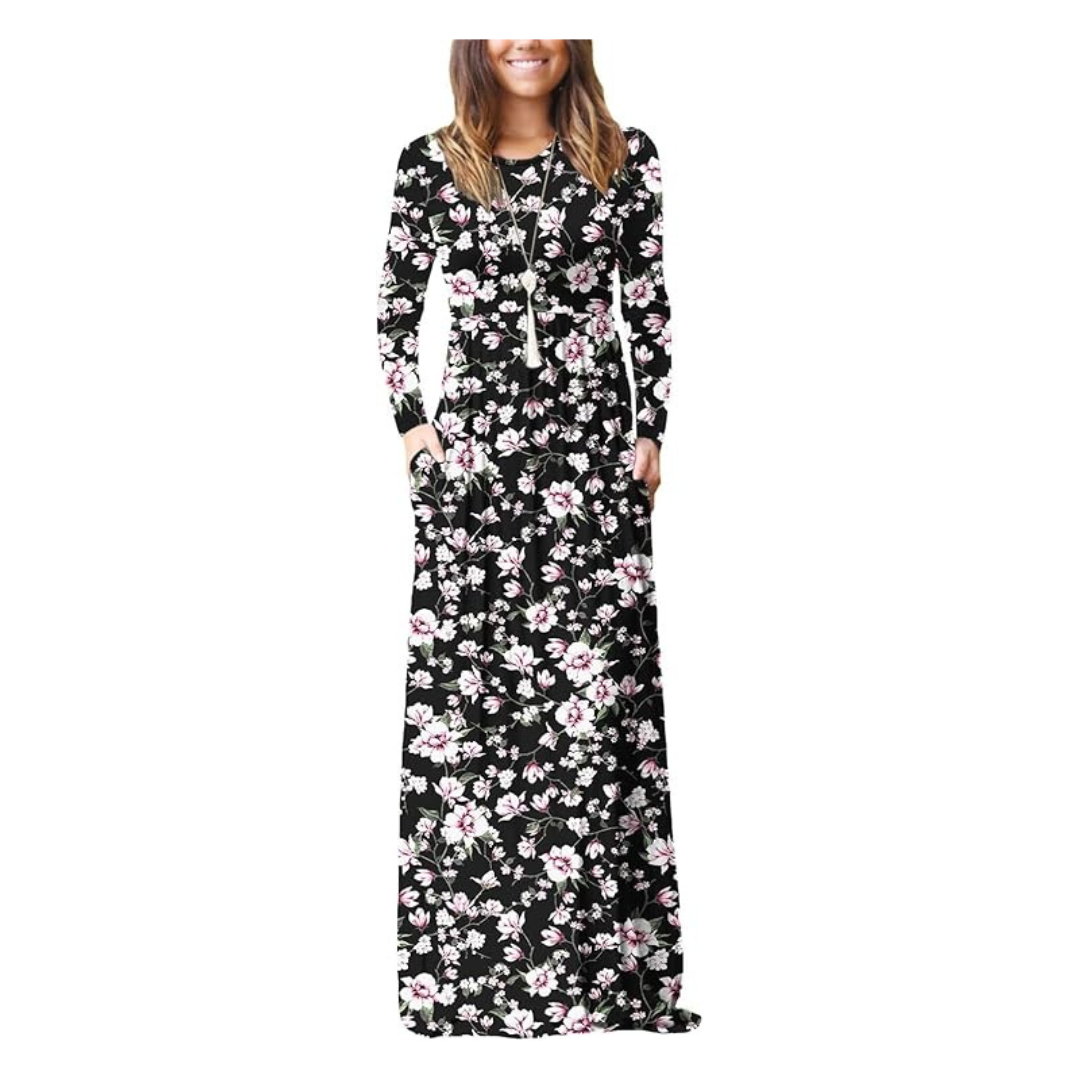 Dearcase Women's Round Neck Boho Fall Party Maxi Dress With Pockets