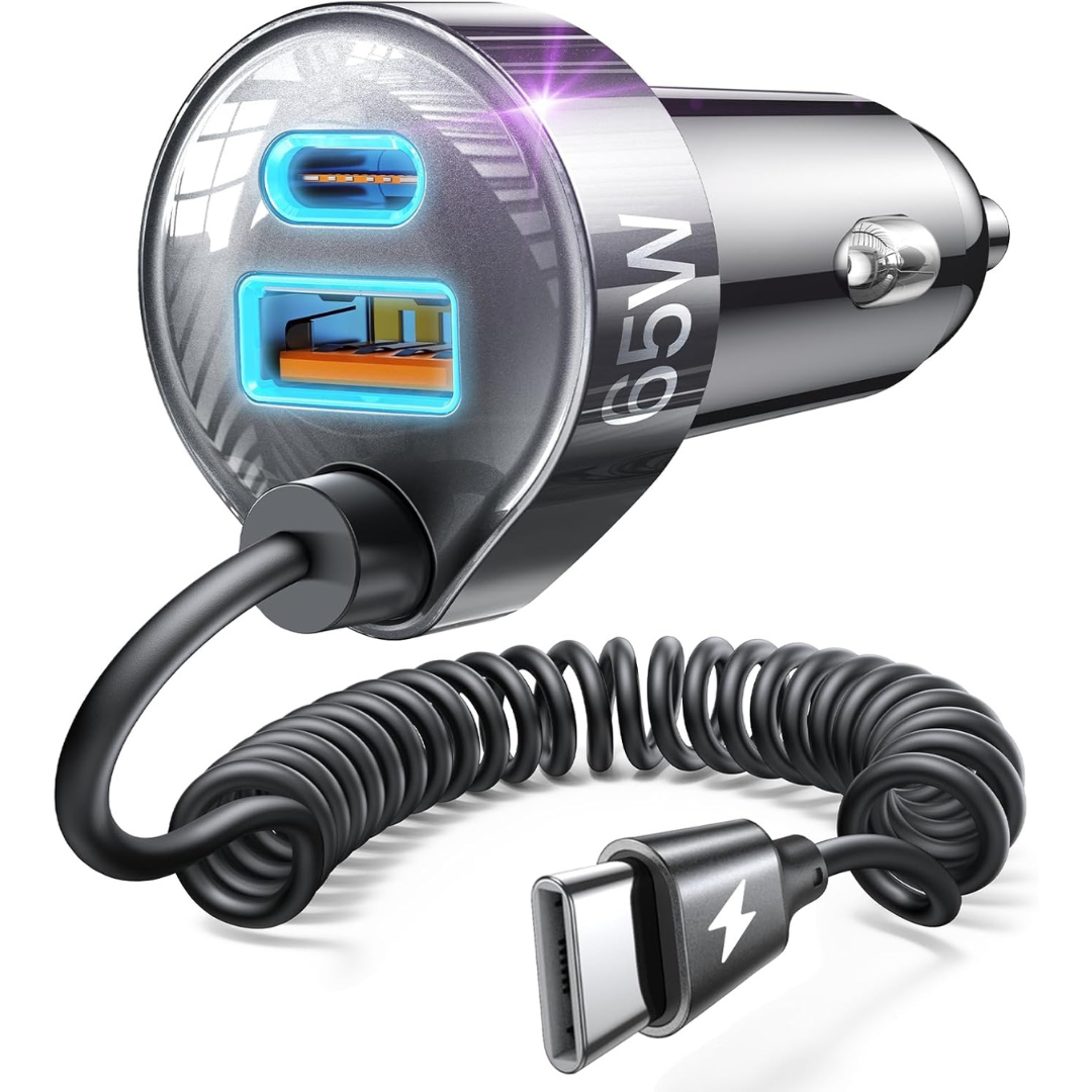 LISEN 65W USB-C Fast Car Charger With 5ft Coiled USB-C Cable