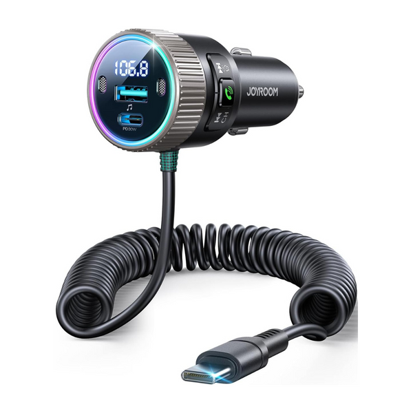 Bluetooth 5.4 PD 30W & Type-C Coiled Car Adapter 60W FM Transmitter