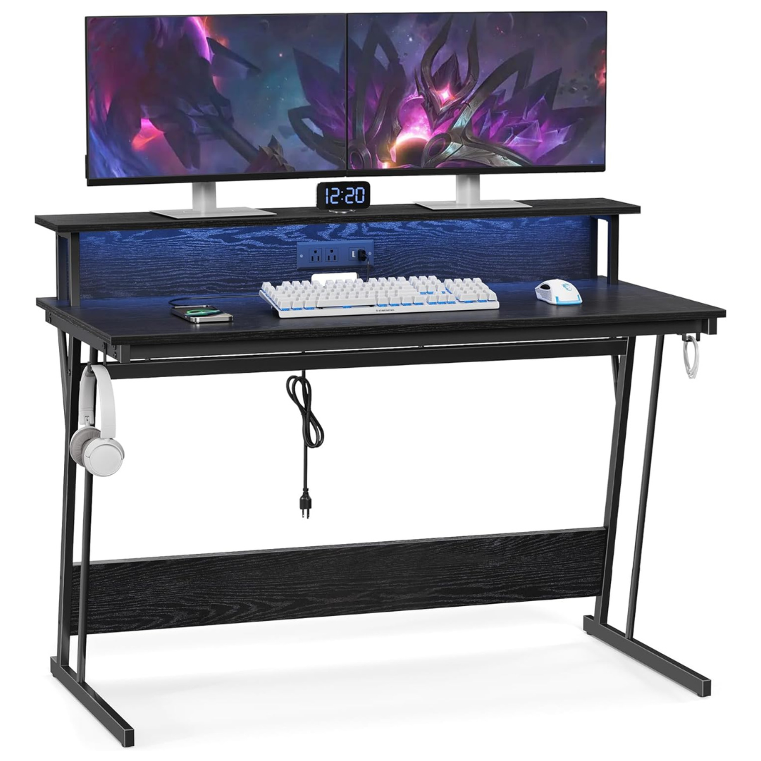 47.2" LED Gaming Desk With Power Outlets, USB Ports, Monitor Stand, Hooks