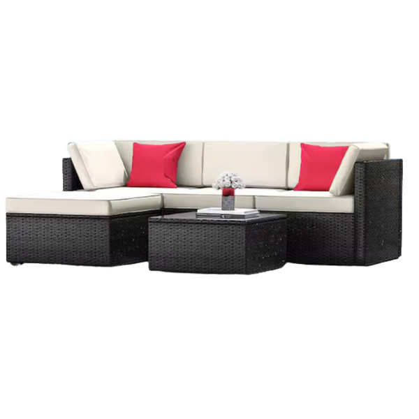 HEARTH & HARBOR Black Wicker Outdoor Sectional Corner Sofa Set And Coffee Table; 5 Pc