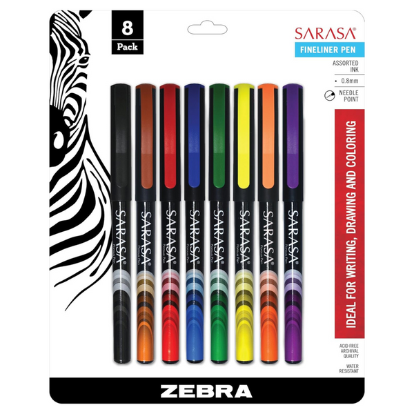 8-Pack Zebra Pen Sarasa Fineliner Marker Pen, Needle Point, 0.8Mm