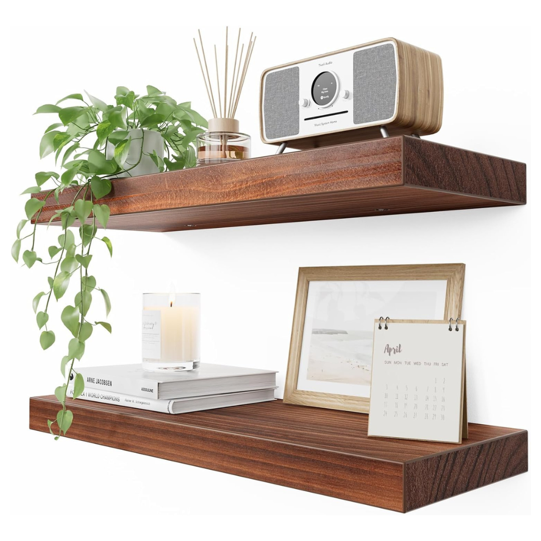 2-Pack Pine Solid Wood Floating Shelves w/ Enhanced One-Piece Brackets