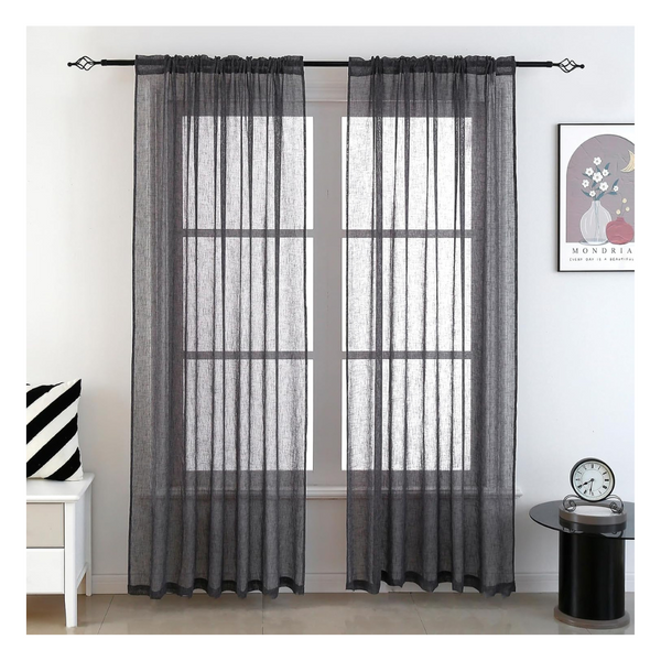 2-Panels 52" x 84" Faux Linen Textured Charcoal Sheer Curtains