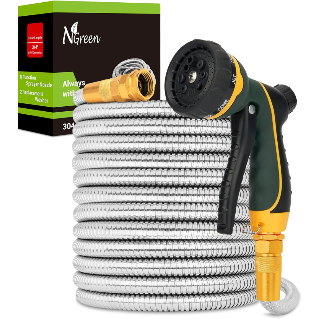 NGreen 75Ft Stainless Steel Flexible Metal Water Garden Hose