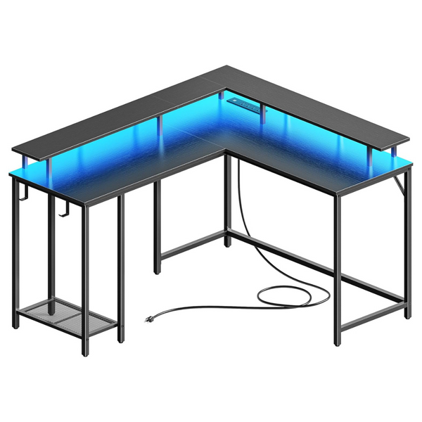 L-Shaped LED Lights Power Outlets Gaming Desk (18.9"D x 53.6"W x 29.5"H)