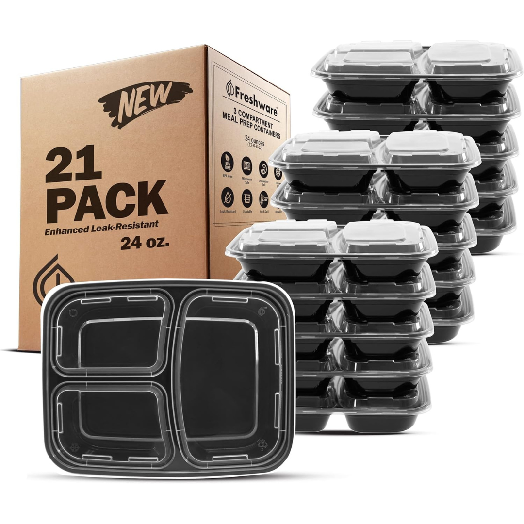 21-Pack Freshware 3 Compartment Meal Prep Containers With Lids