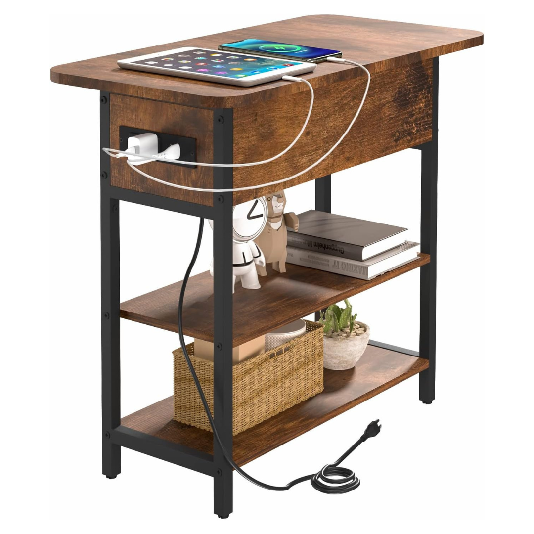 Flip Top Side End Table With Charging Station