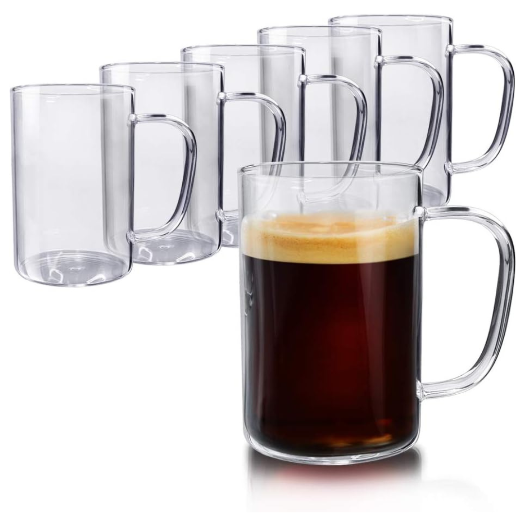 6-Pack Glass Coffee Mugs Set 10 Oz