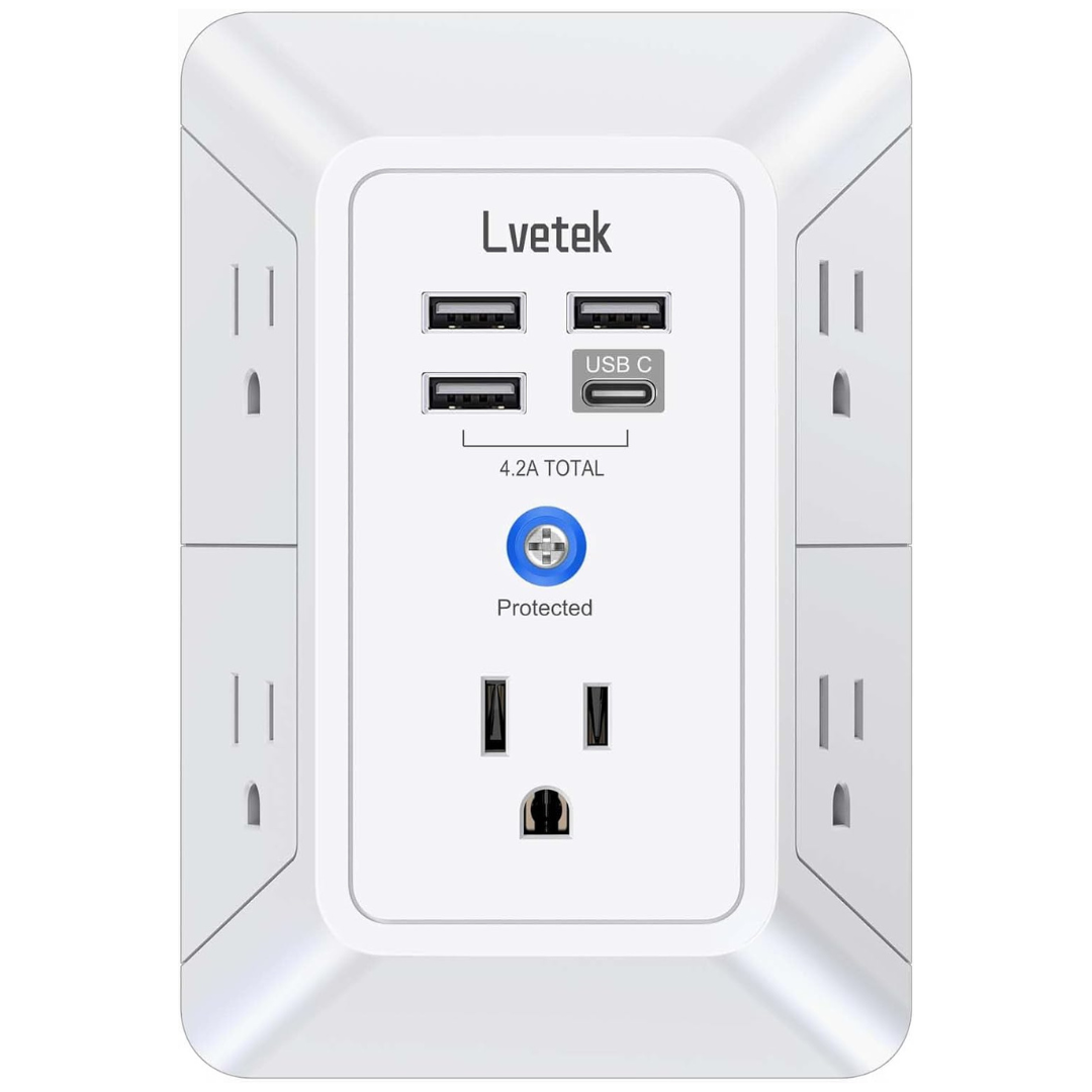 5-Outlet Surge Protector Wall Charger With 4 USB Ports