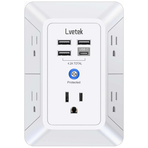 5-Outlet Surge Protector Wall Charger With 4 USB Ports