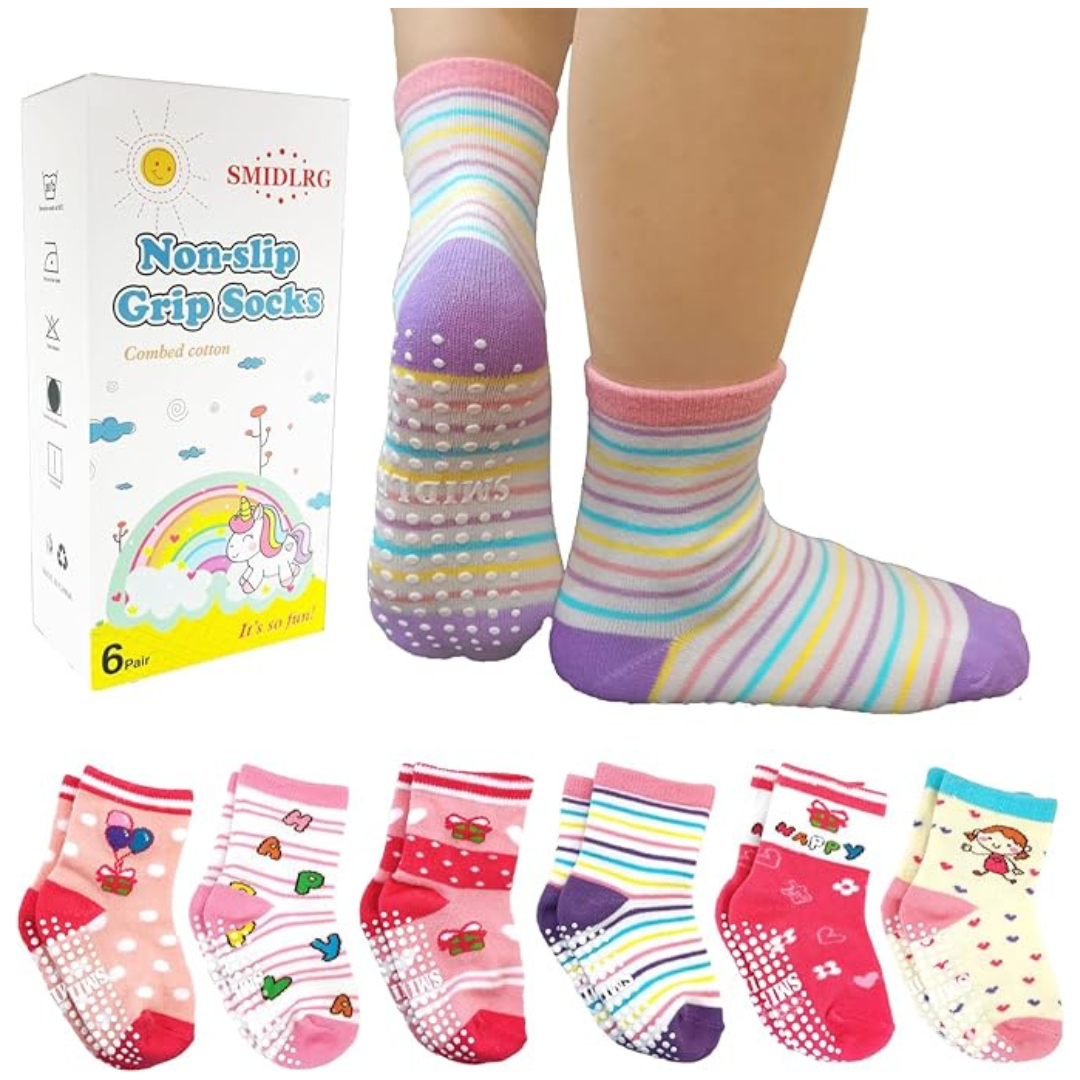 6-Pairs Toddler Grip Crew Socks With Grippers