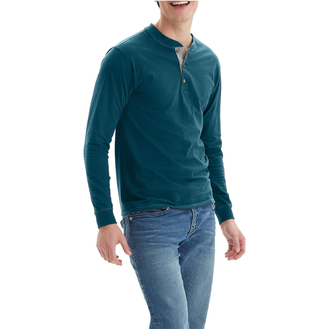 Hanes Men's Beefy Long Sleeve Three-Button Henley T-Shirt (Various)