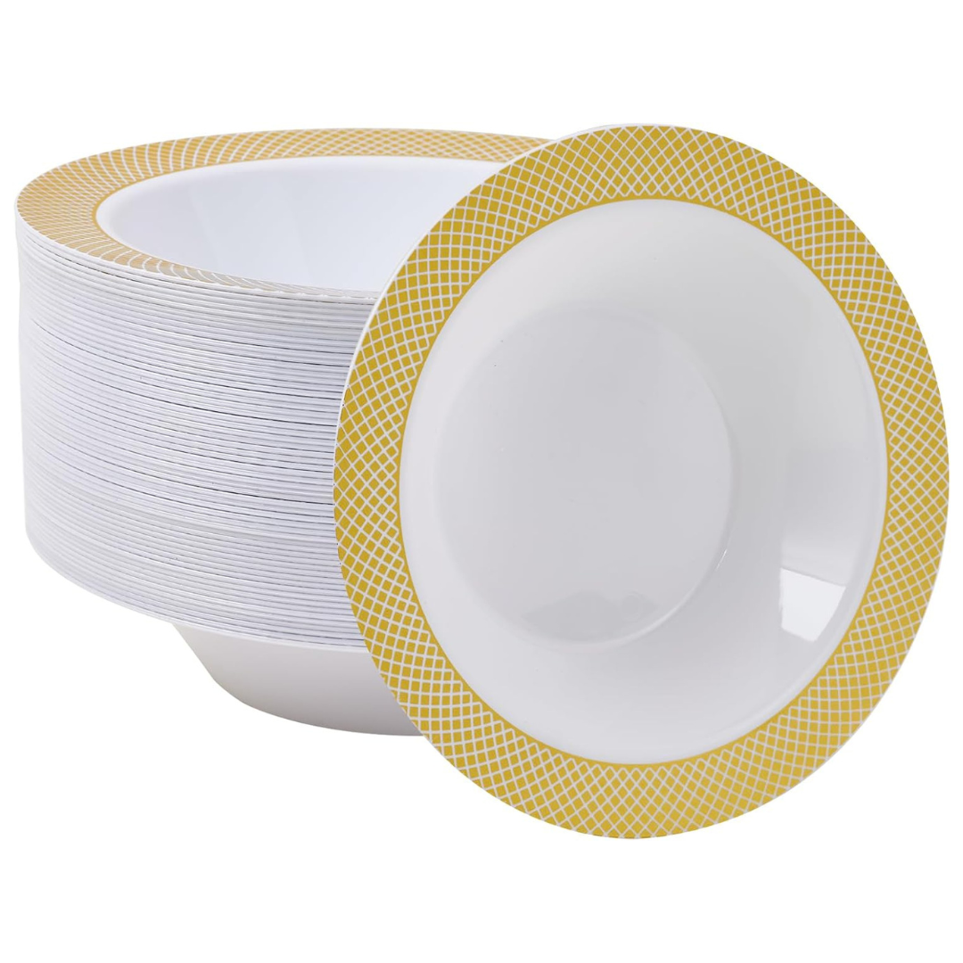 JOLLY CHEF 50 Plastic Bowls With Gold Rim, 12oz