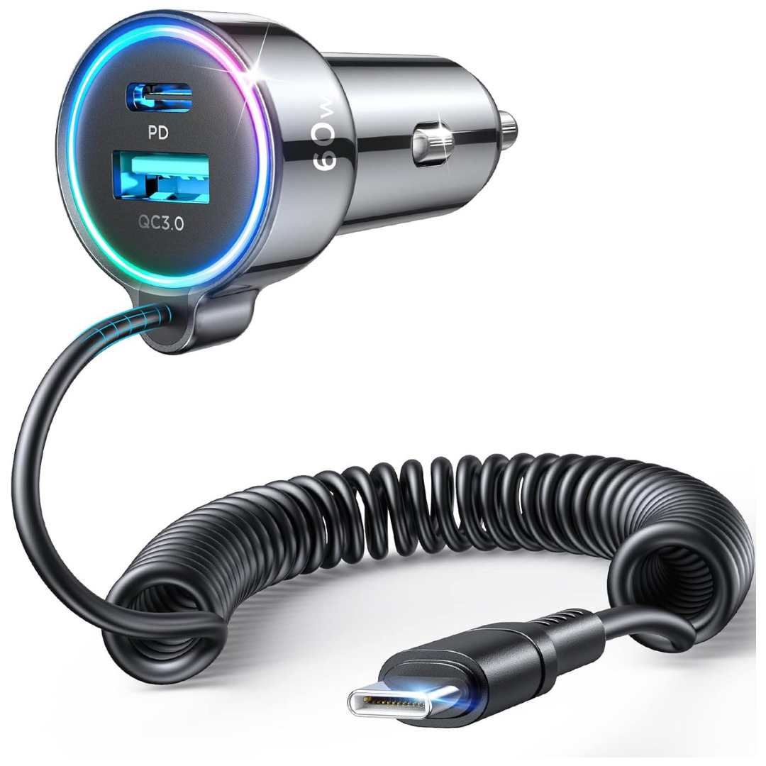 USB C 60W Car Charger With 5 Ft 30W Type C Coiled Cable