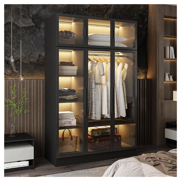 Glass Door Wood Armoire With LED Lighting