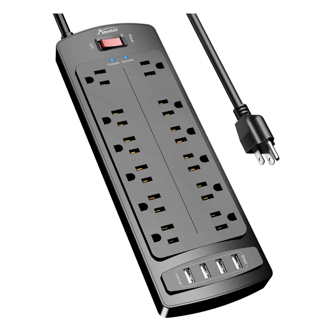 Alestor 12-Outlet 4-USB 6ft Extension Cord Surge Protector