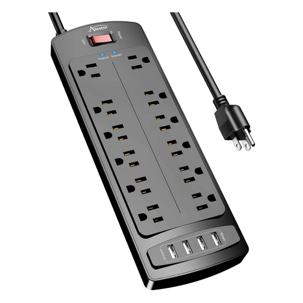 Alestor 12-Outlet 4-USB 6ft Extension Cord Surge Protector