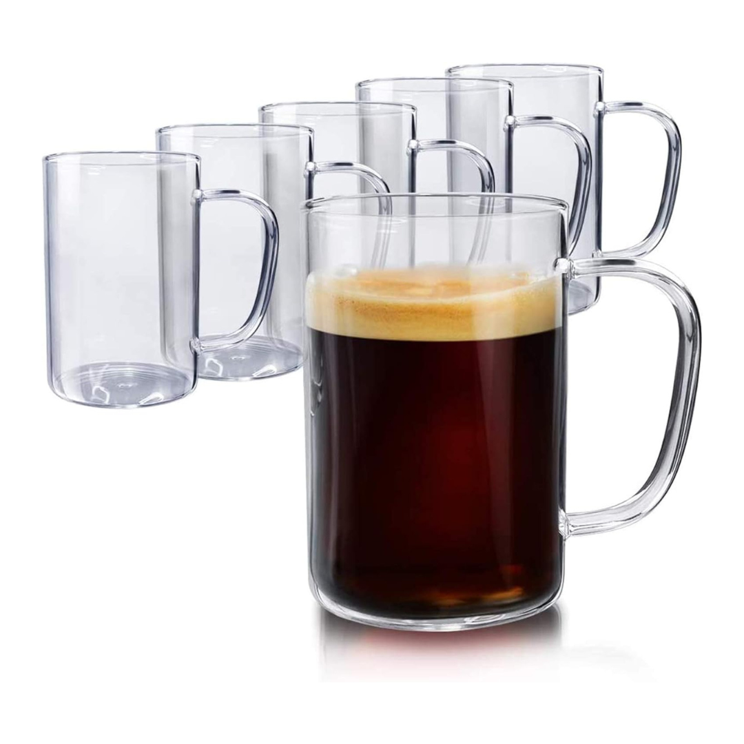 Set Of 6 Schliersee Large Thin Lightweight Clear Glass Mugs, 16Oz