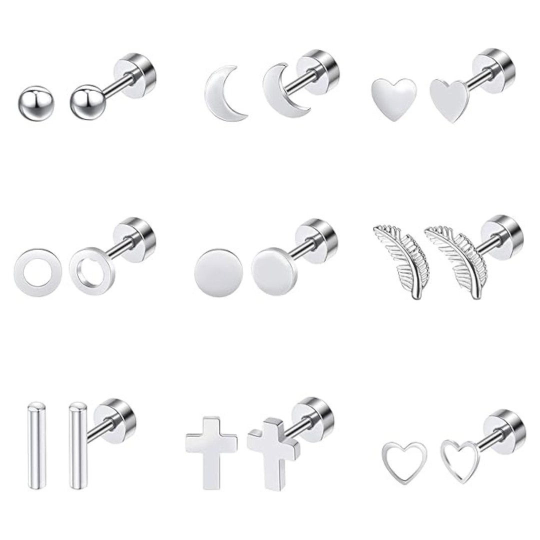 9-Pairs Women's Stainless Steel Flat Back Silver Stud Earrings