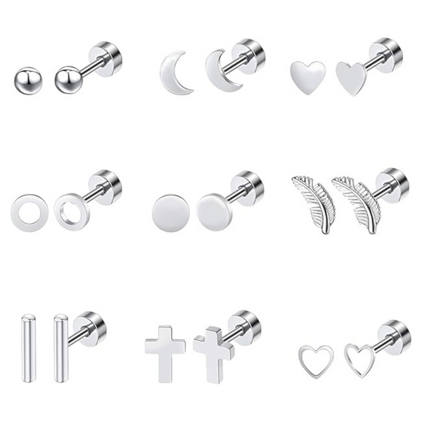 9-Pairs Women's Stainless Steel Flat Back Silver Stud Earrings