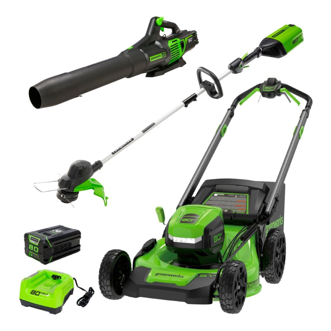 Greenworks 21" Mower, 13" String Trimmer & Blower W/Battery & Charger