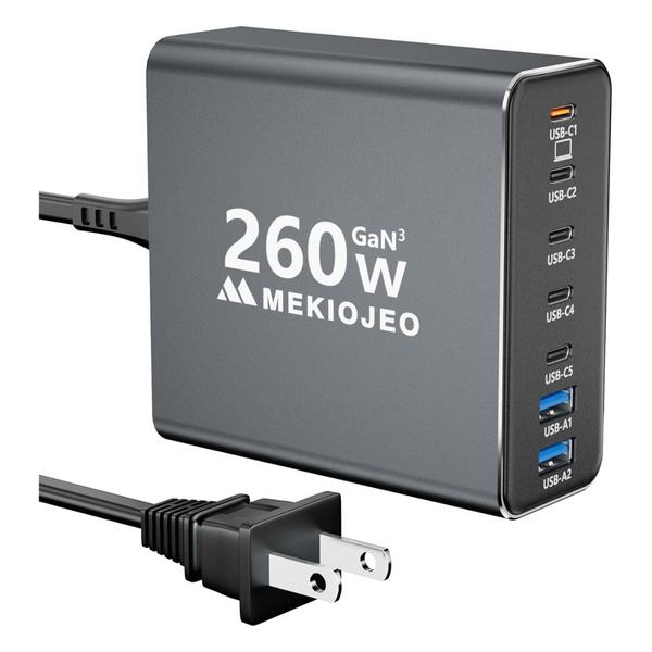 Mekiojeo Aluminum Alloy 7 Ports 260W GaN Fast USB-C Charger