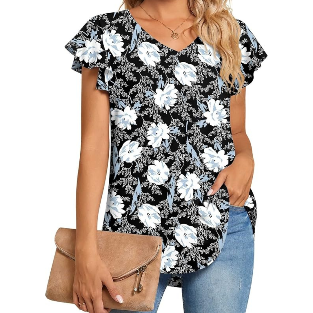 Women's V Neck Ruffle Short Sleeve Chiffon Casual Tops