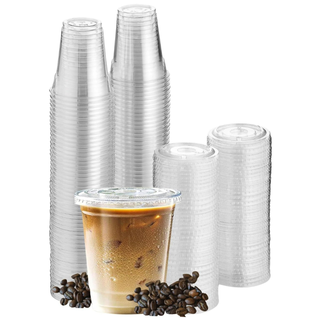 50-Set Green Direct Disposable Clear Plastic Cups With Lids, 7 Oz.