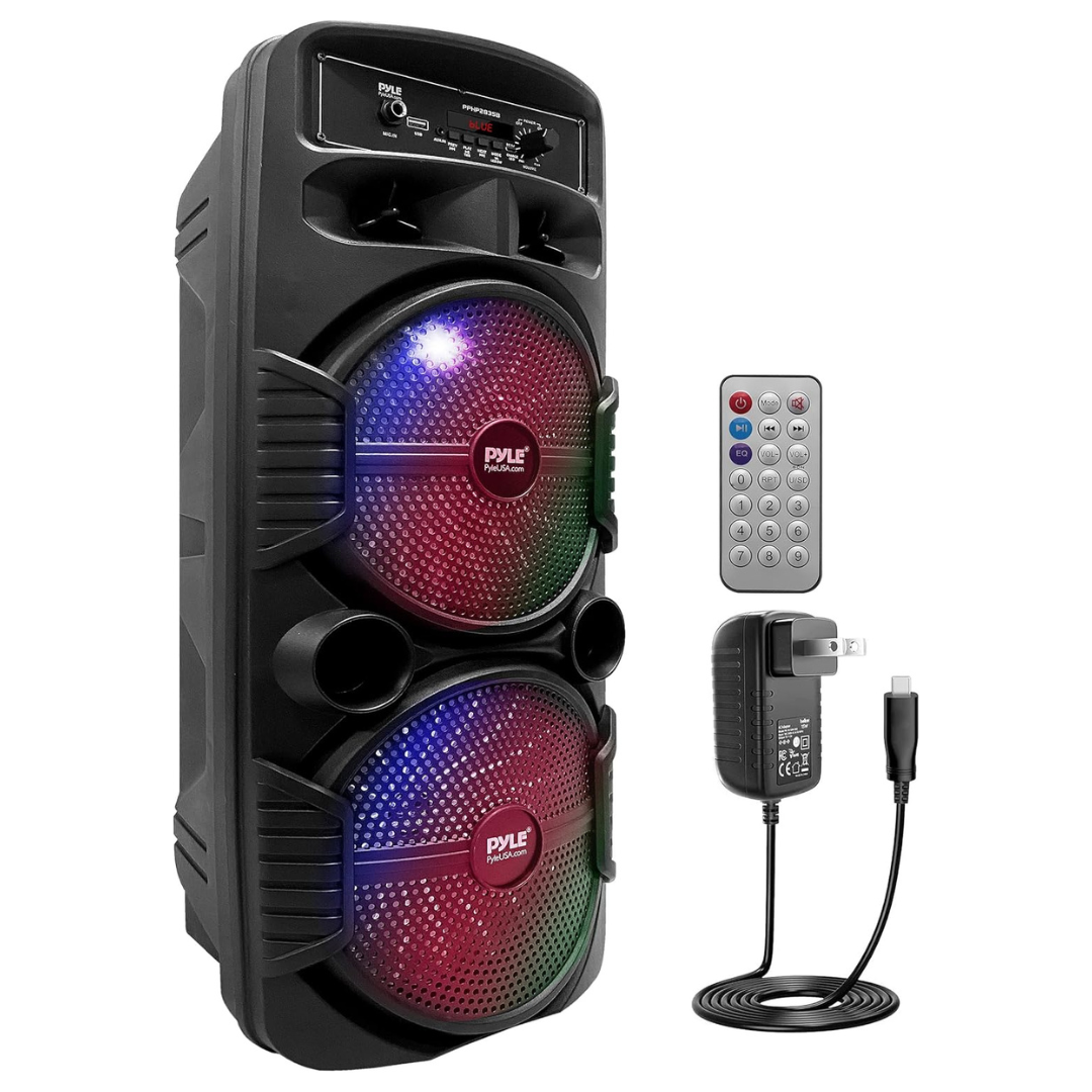 Pyle Portable Rechargeable Bluetooth PA Speaker System W/ Dual 8” Subwoofer 1” Tweeter, Microphone In, Party Lights, USB, Radio