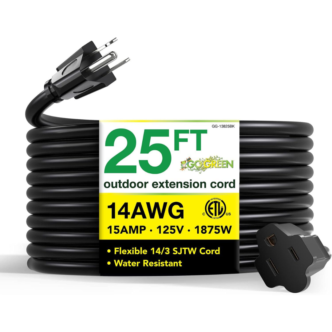 GoGreen Power GG-13825BK 14/3 25 ft' SJTW Outdoor Extension Cord