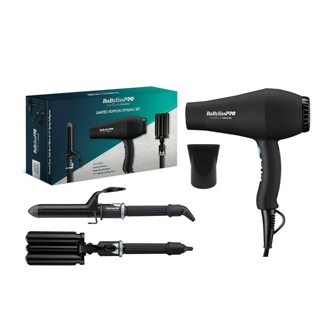 BabylissPro Porcelain Ceramic Hair Dryer, Triple Barrel Waver & Curling Iron Set