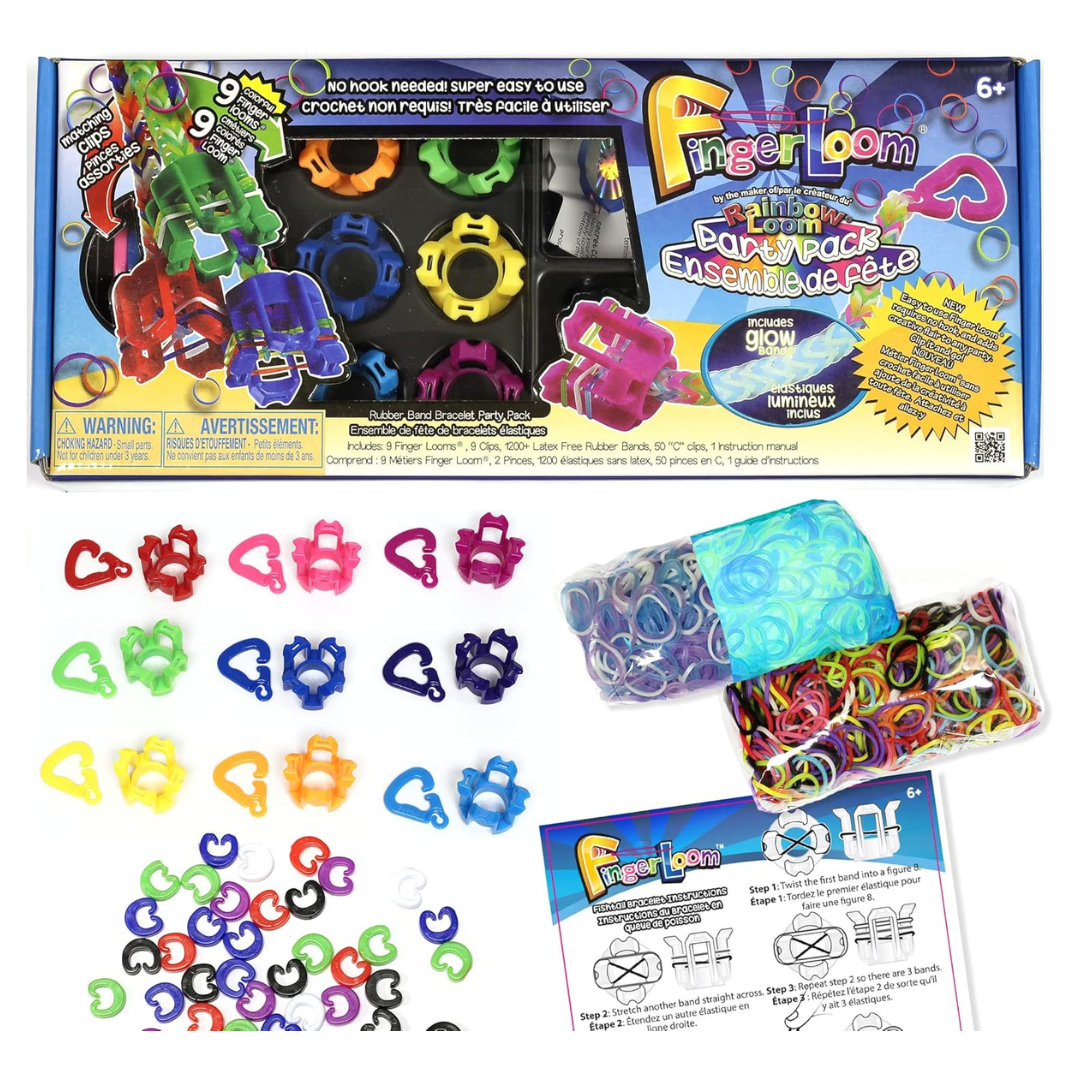 Rainbow Loom Finger Loom Party Pack, Features 9 Colored Finger Looms And 1200 Glow In The Dark Bands