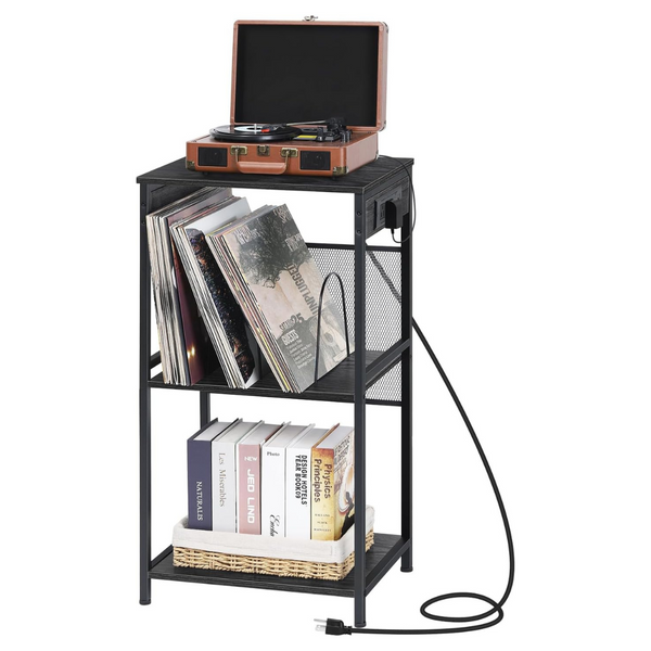 2-Tier Vinyl Record Player Storage Table With USB Ports & Outlets