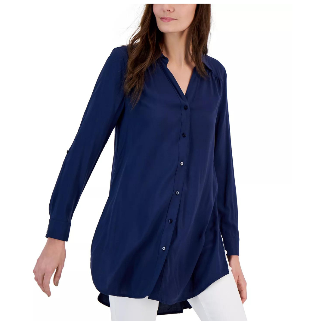 I.N.C. International Concepts Women's Roll-Tab Button-Down Long Blouse