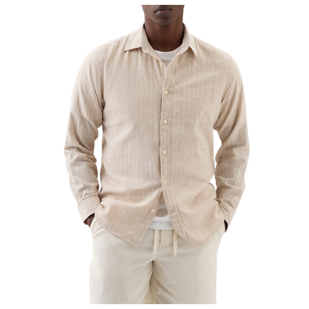 Gap Factory Men's Linen-Blend Shirt In Standard Fit (Khaki Stripe)