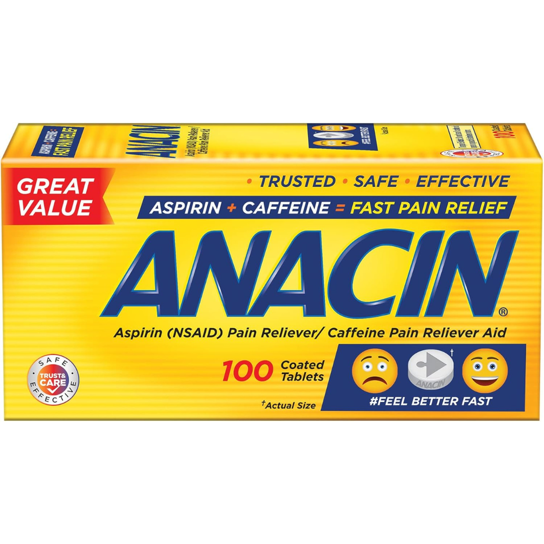 100-Count Anacin Fast Pain Relief, Aspirin + Caffeine Pain Reliever Tablets