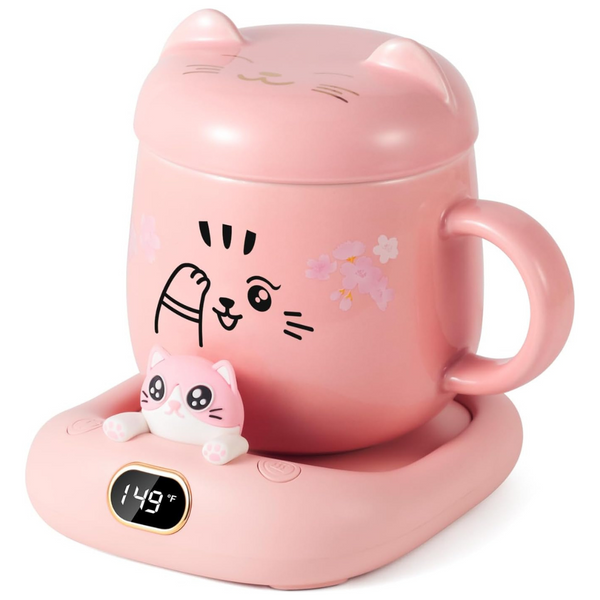 Pink Coffee Mug Warmer & Cute Cat Mug Set