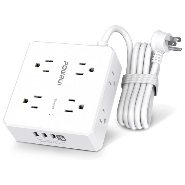 Powrui 6ft Flat Plug Extension Cord With 8 Widely Outlets And 4 USB Ports