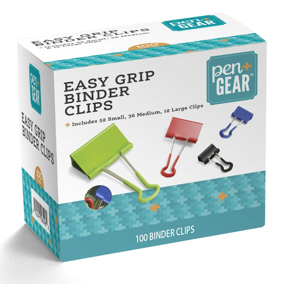 100-Count Pen + Gear Easy-Grip Binder Clips (Assorted Colors and Sizes)