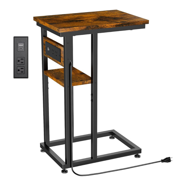 C-Shape Side Table W/Charging Station, Dual USB-C Ports & Outlets