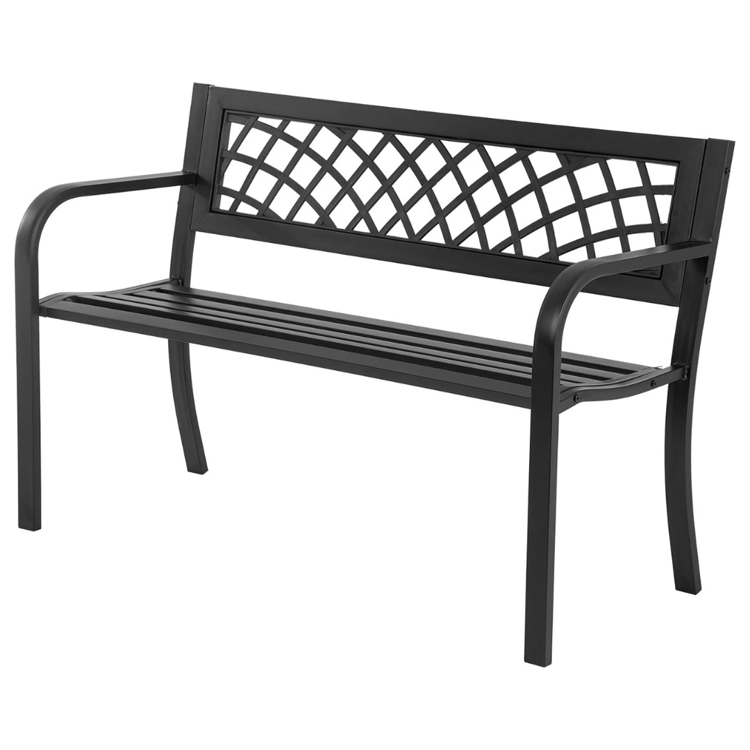 FDW Iron Steel Frame Patio Bench With Mesh Pattern & Backrest Armrests