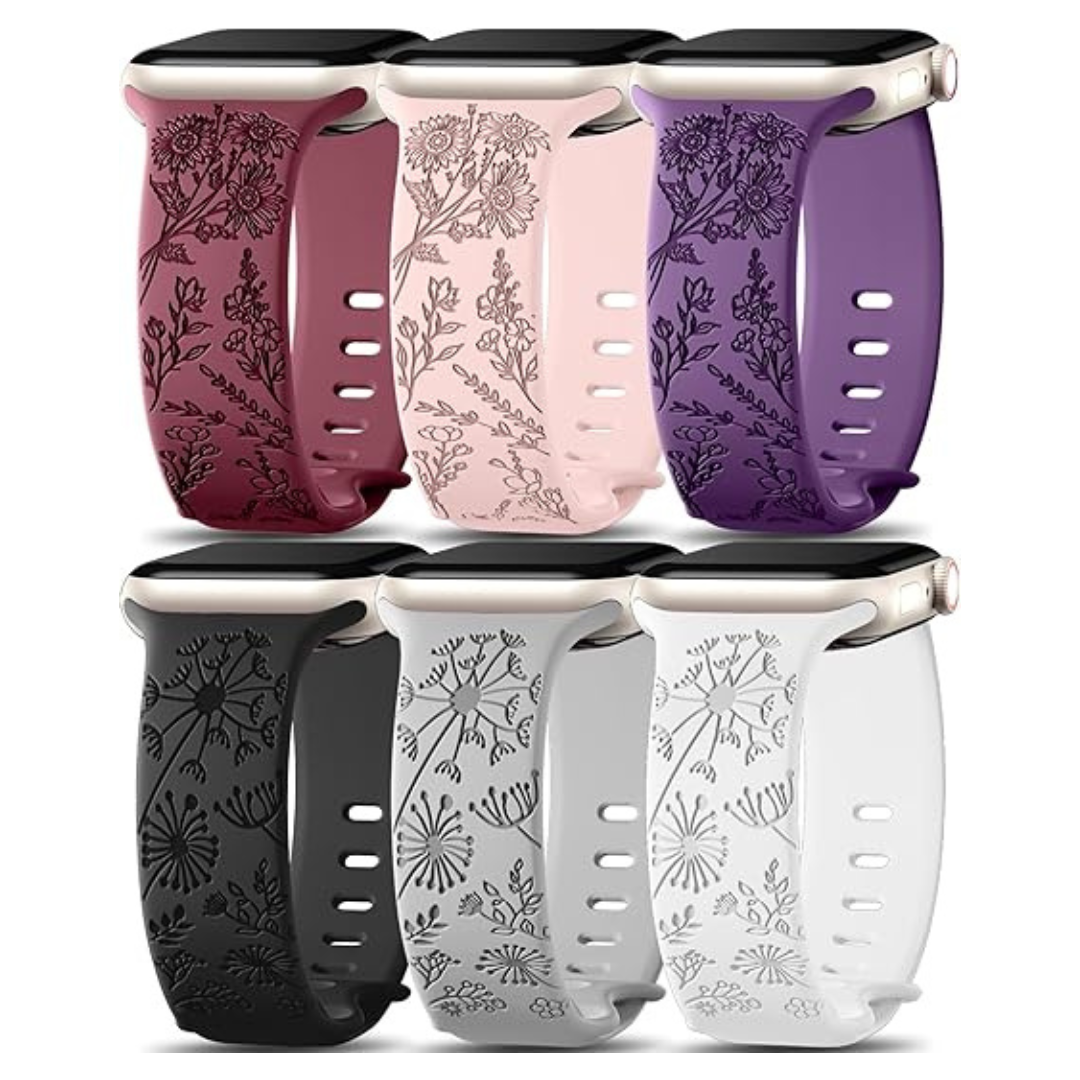 6-Pack Soft Silicone Wildflowers Engraved Sport Strap Apple Watch Band